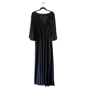 Mikarose Maxi Dress Gown Black Shimmery Glitter Faux Wrap Flutter Sleeve Sz M